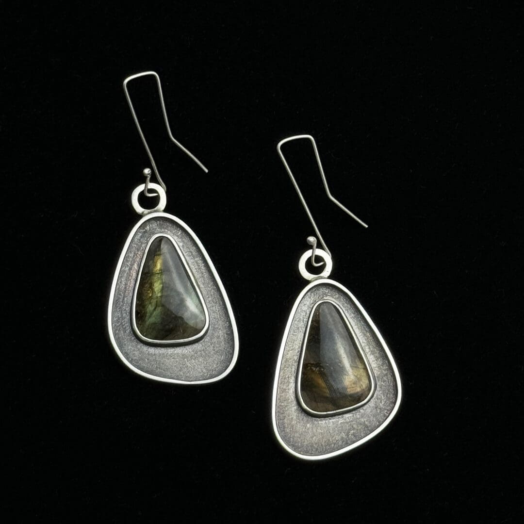 Handmade Sterling Silver Shadowbox Statement Dangle Earrings with Green Labradorite