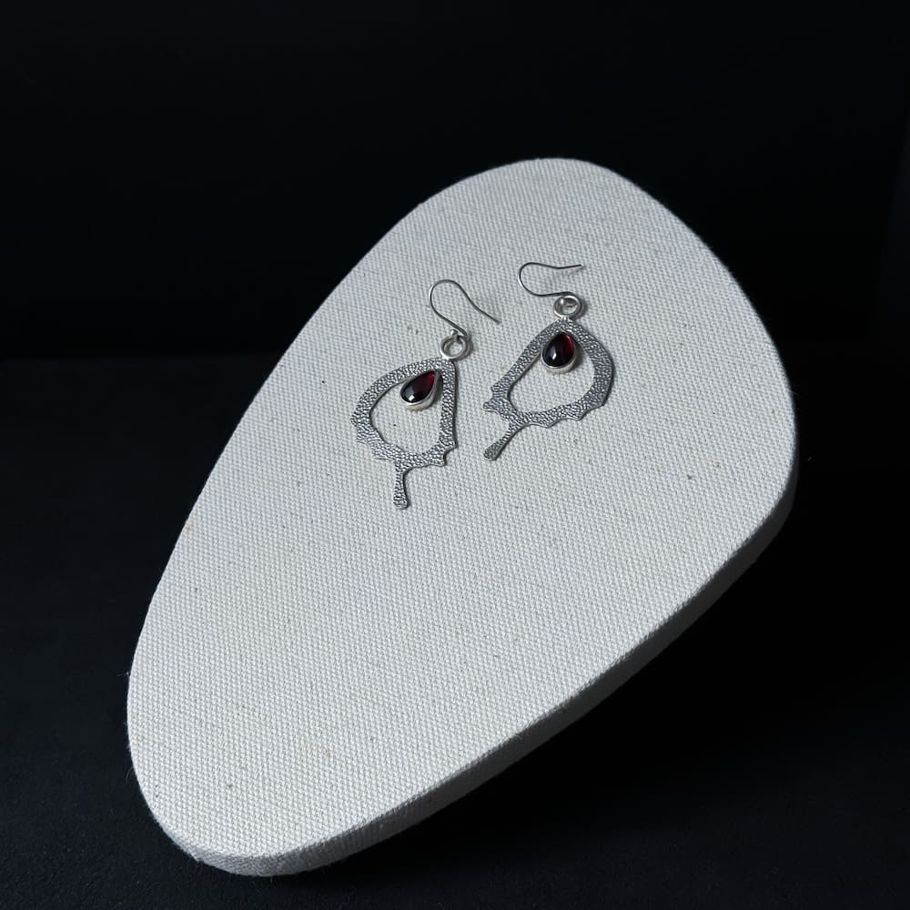 Handmade Swallowtail Butterfly Wing Sterling Silver Earrings with Garnet Teardrop