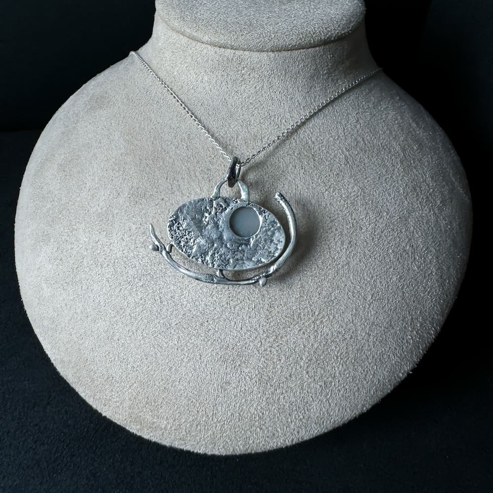 Handmade Sterling Silver Textured Oval Pendant Necklace with Dendritic Agate Nestled on Branch with Full Moon