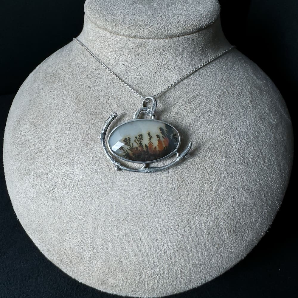 Handmade Sterling Silver Textured Oval Pendant Necklace with Dendritic Agate Nestled on Branch with Full Moon