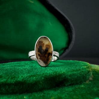 Handmade Sterling Silver Textured Ring with Scenic Oval Dendritic Agate and a hidden 24k Gold Accent Moon