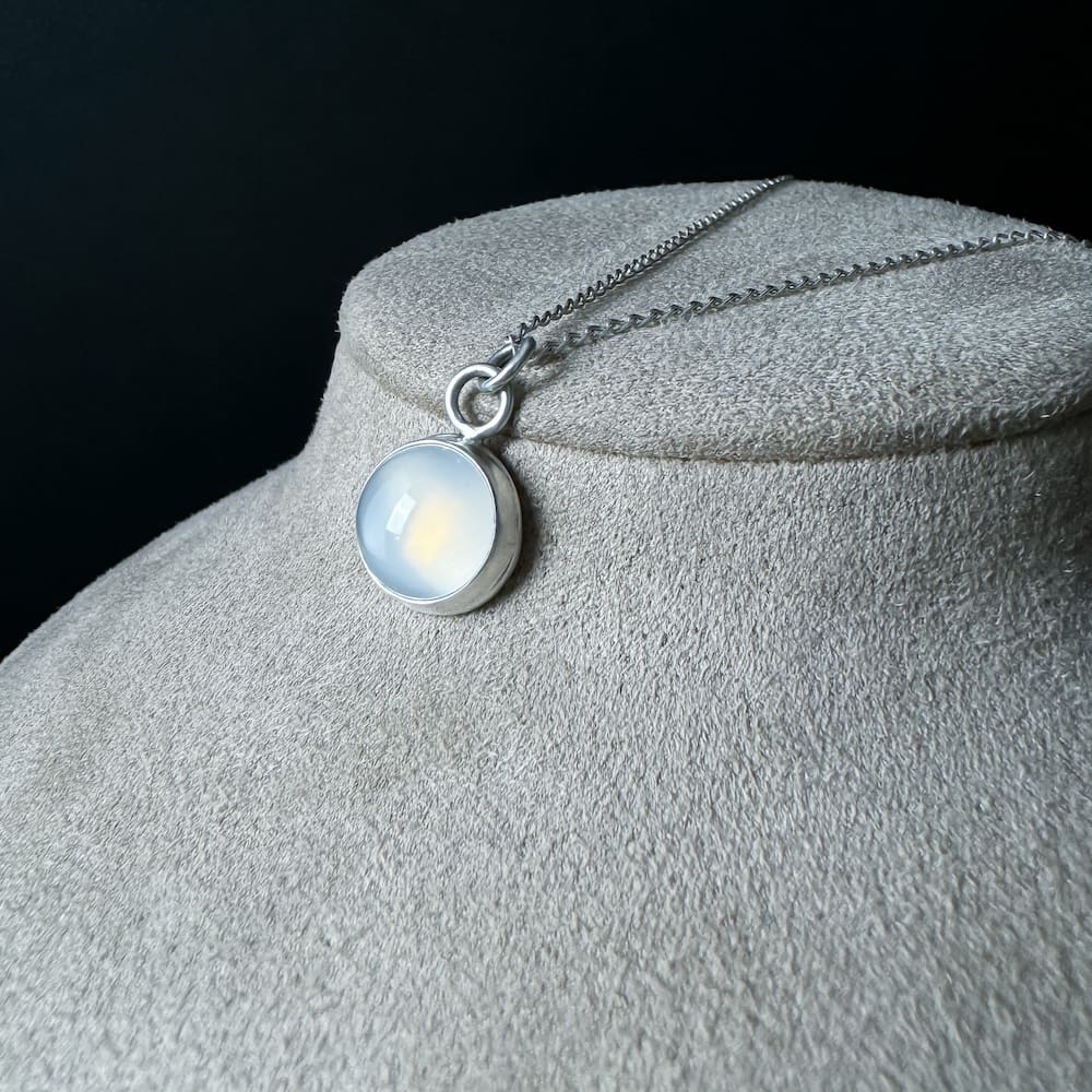 Handmade Sterling Silver White Moonstone Textured Full Moon Crescent Moon Pendant Necklace