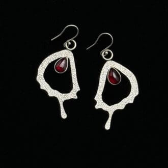 Handmade Swallowtail Butterfly Wing Sterling Silver Earrings with Garnet Teardrop