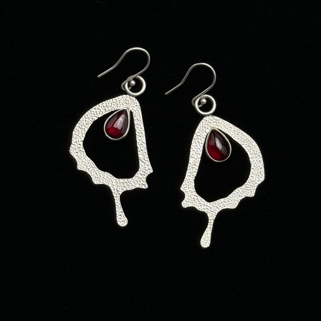 Handmade Swallowtail Butterfly Wing Sterling Silver Earrings with Garnet Teardrop