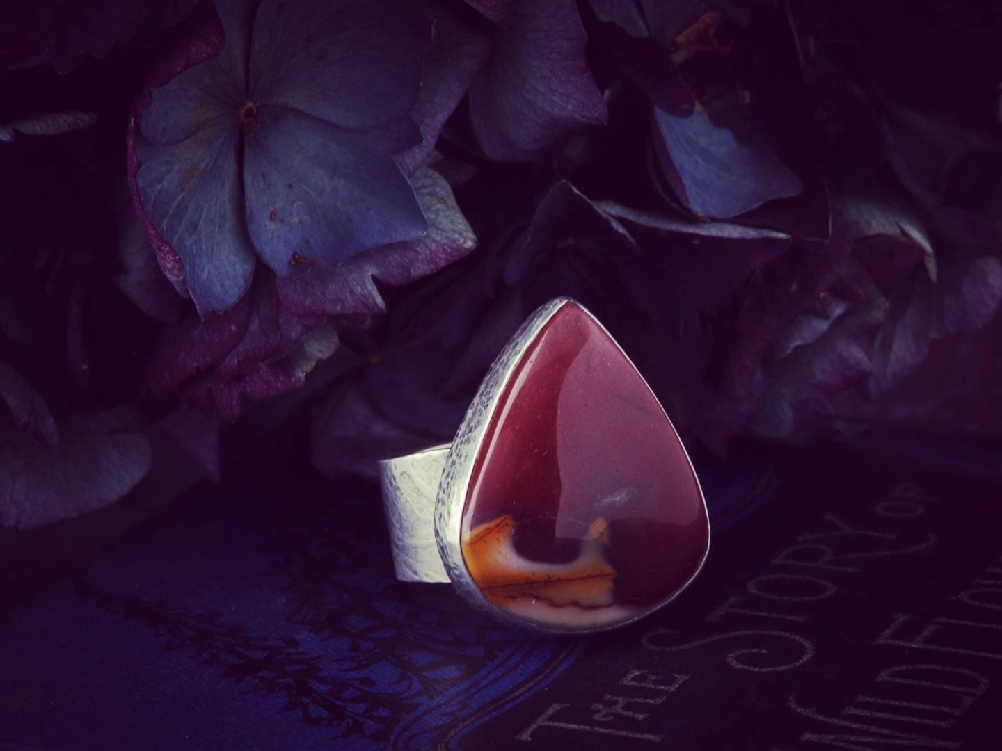 Handmade Teardrop Mookaite Chunky Sterling Silver Textured Ring