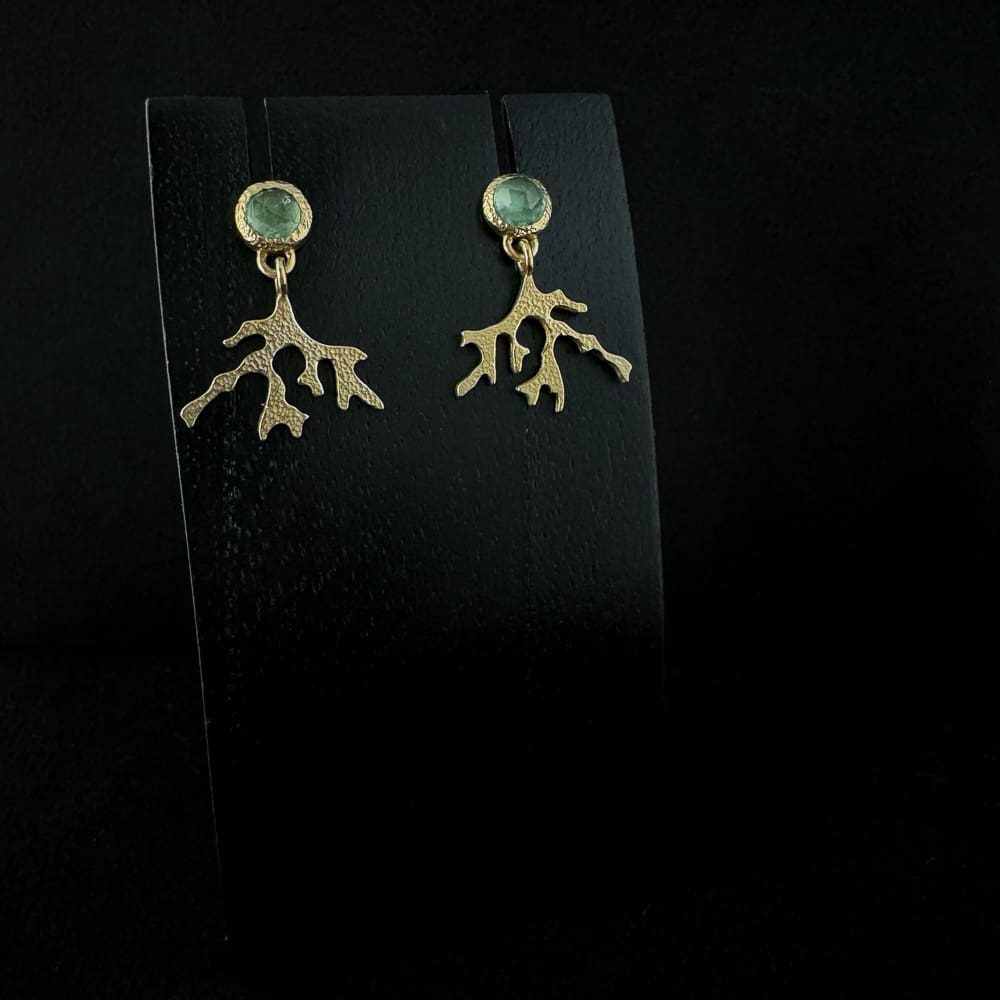 Handmade Seaweed Textured Earrings in 18k Gold Vermeil with Rose Cut Green Kyanite