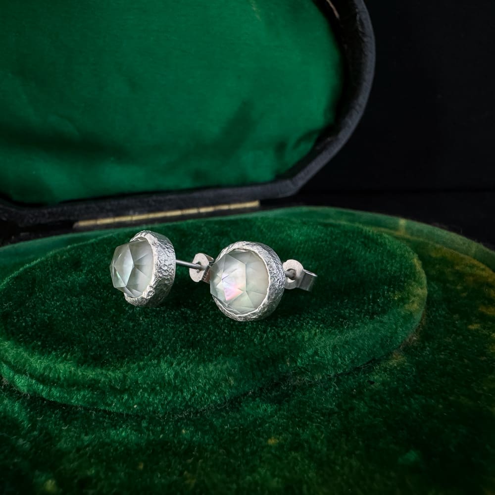 Handmade Textured Sterling Silver Stud Earrings with Round Rose Cut Prasiolite (Green Amethyst) and Mother of Pearl | Bridal Jewellery