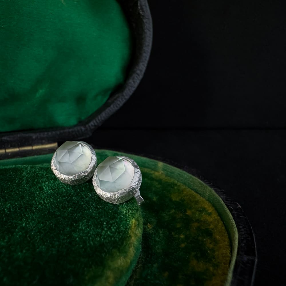 Handmade Textured Sterling Silver Stud Earrings with Round Rose Cut Prasiolite (Green Amethyst) and Mother of Pearl | Bridal Jewellery