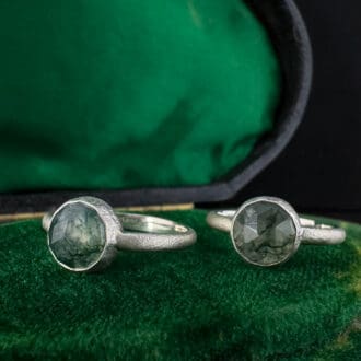 Handmade Sterling Silver Textured Rings with Round Rose Cut Moss Agate