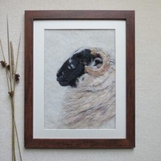 A Scottish Blackface sheep created with wool. The sheep is facing towards the left and is head and shoulders only. The frame is dark brown and has a cream coloured mount.