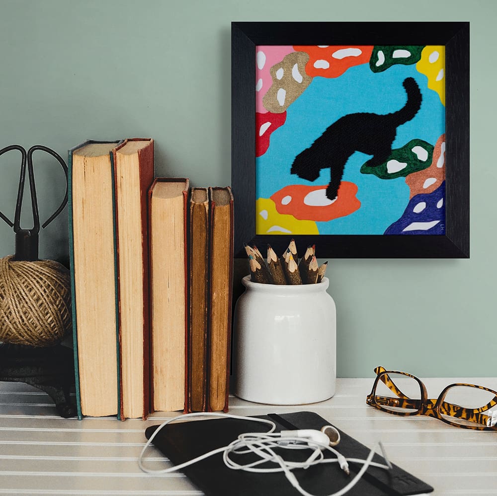 Original art painting black cat abstract beadwork jumping down with books