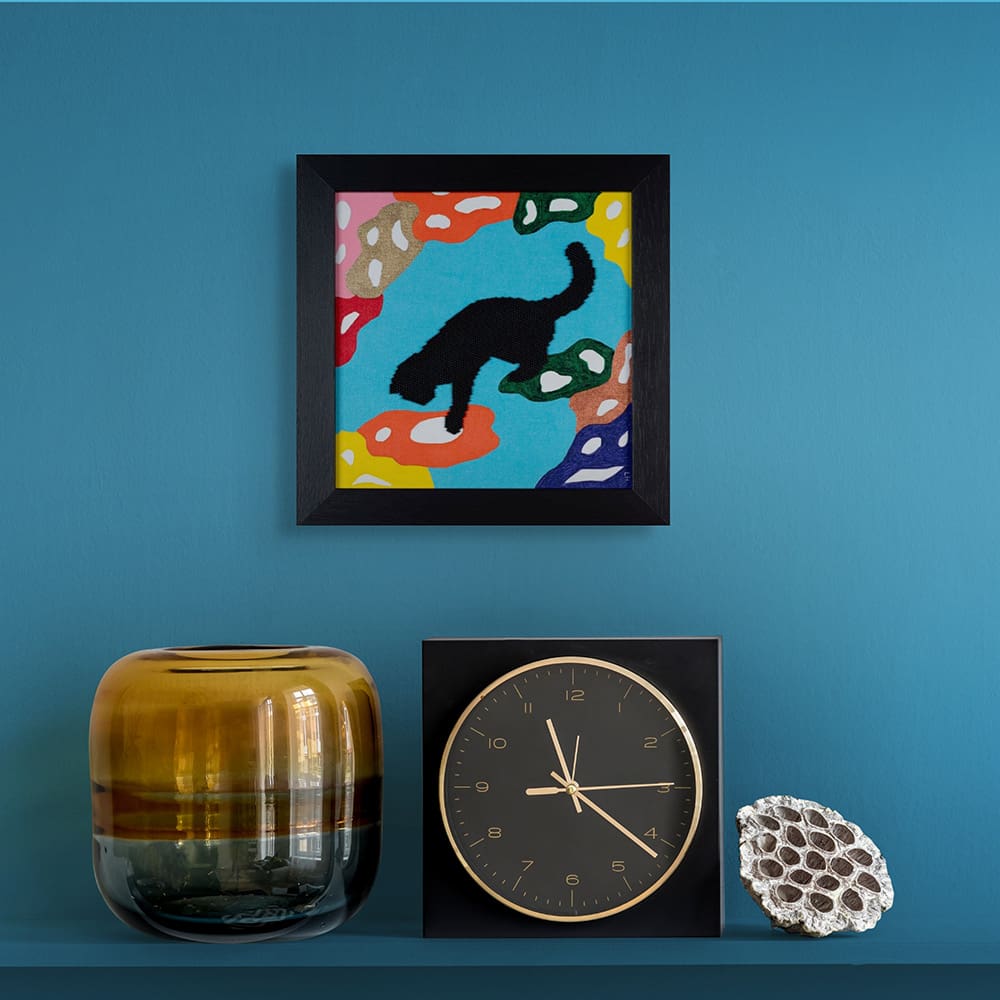 Original art painting black cat abstract beadwork jumping down with clock