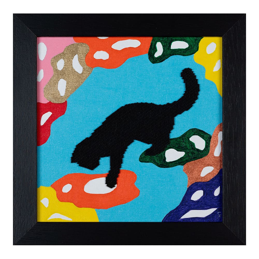 Original art painting black cat abstract beadwork jumping down