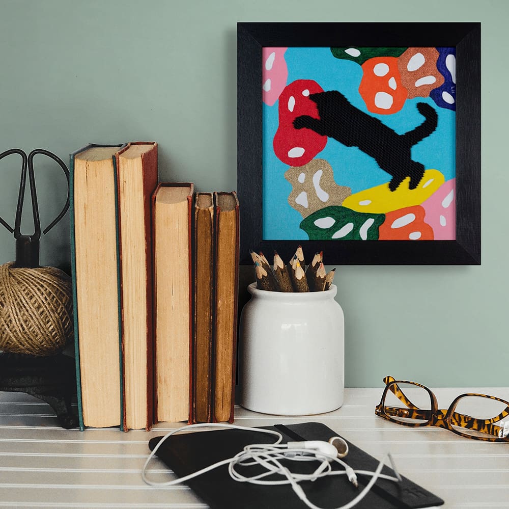 Original art painting black cat abstract beadwork with books