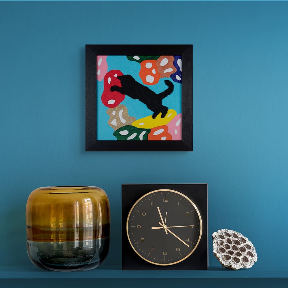 Original art painting black cat abstract beadwork jumping up with clock