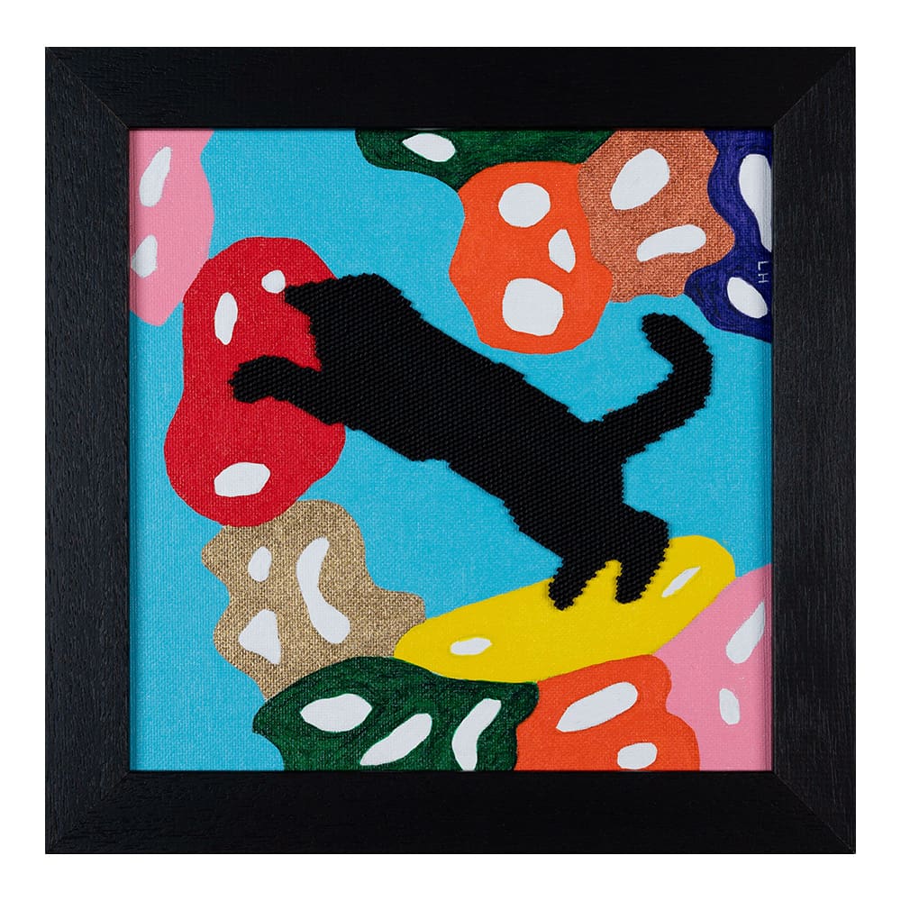 Original art painting black cat abstract beadwork jumping up