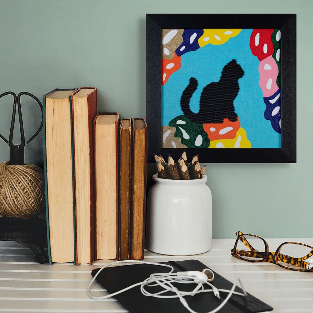 Original art painting black cat sitting abstract beadwork with books