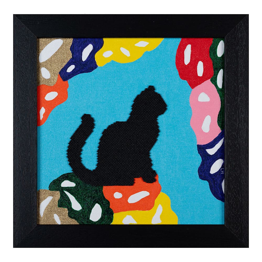 Original art painting black cat sitting abstract beadwork