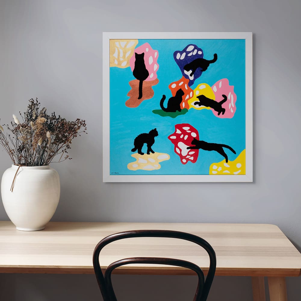 Original art painting black cats abstract beadwork over table