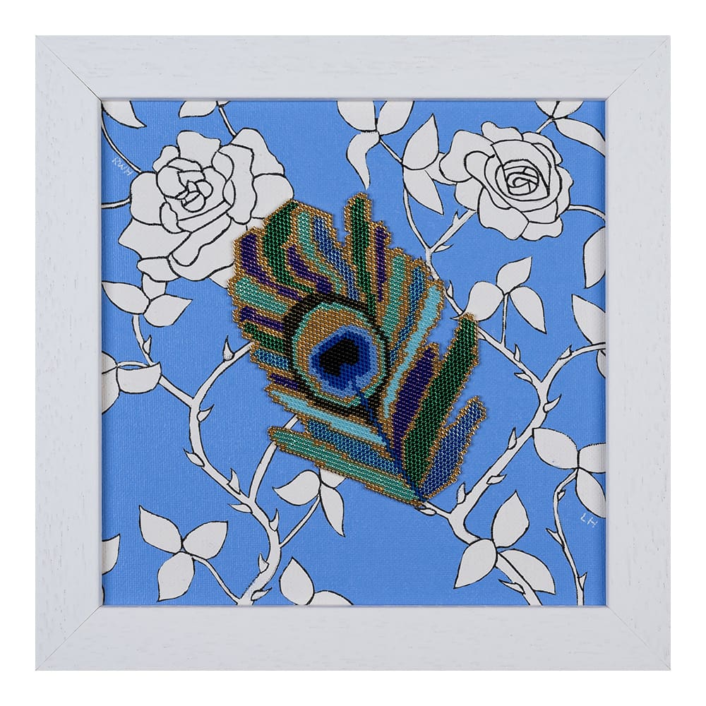 Original art painting peacock feather rose beadwork