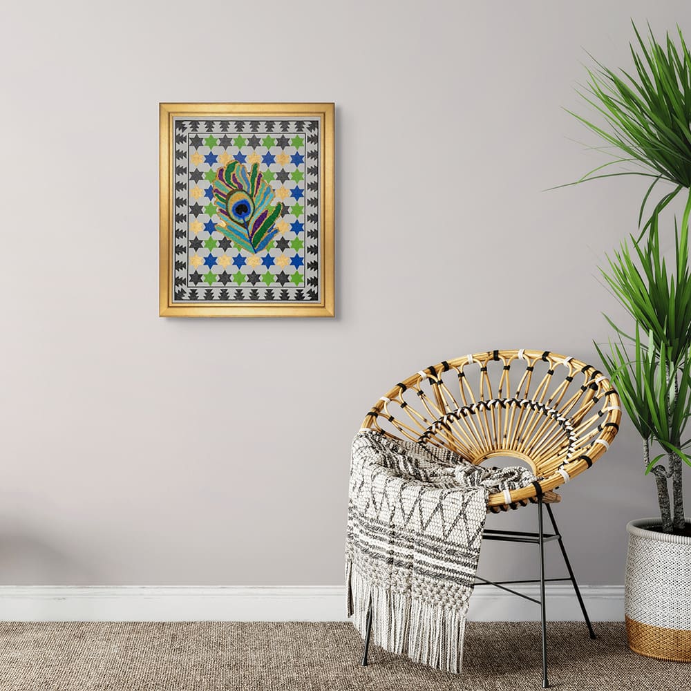 Original art painting peacock feather spanish with chair