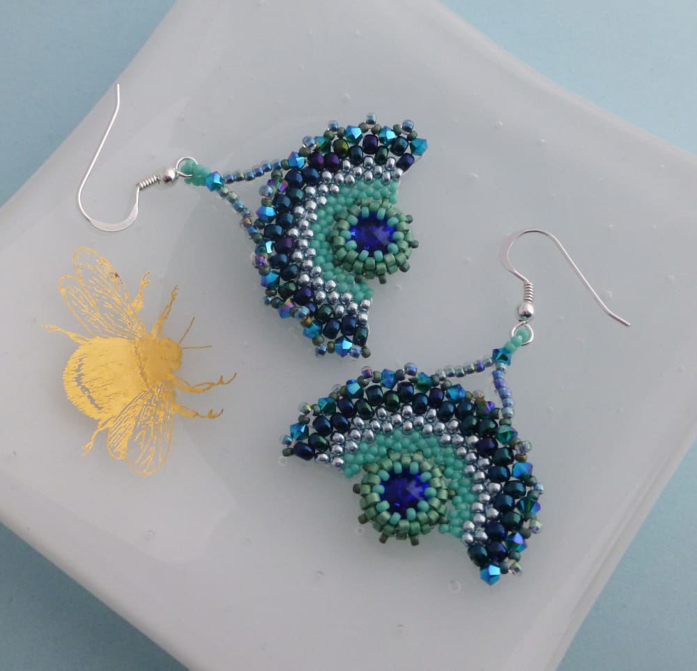 Beaded peacock feather handmade earrings