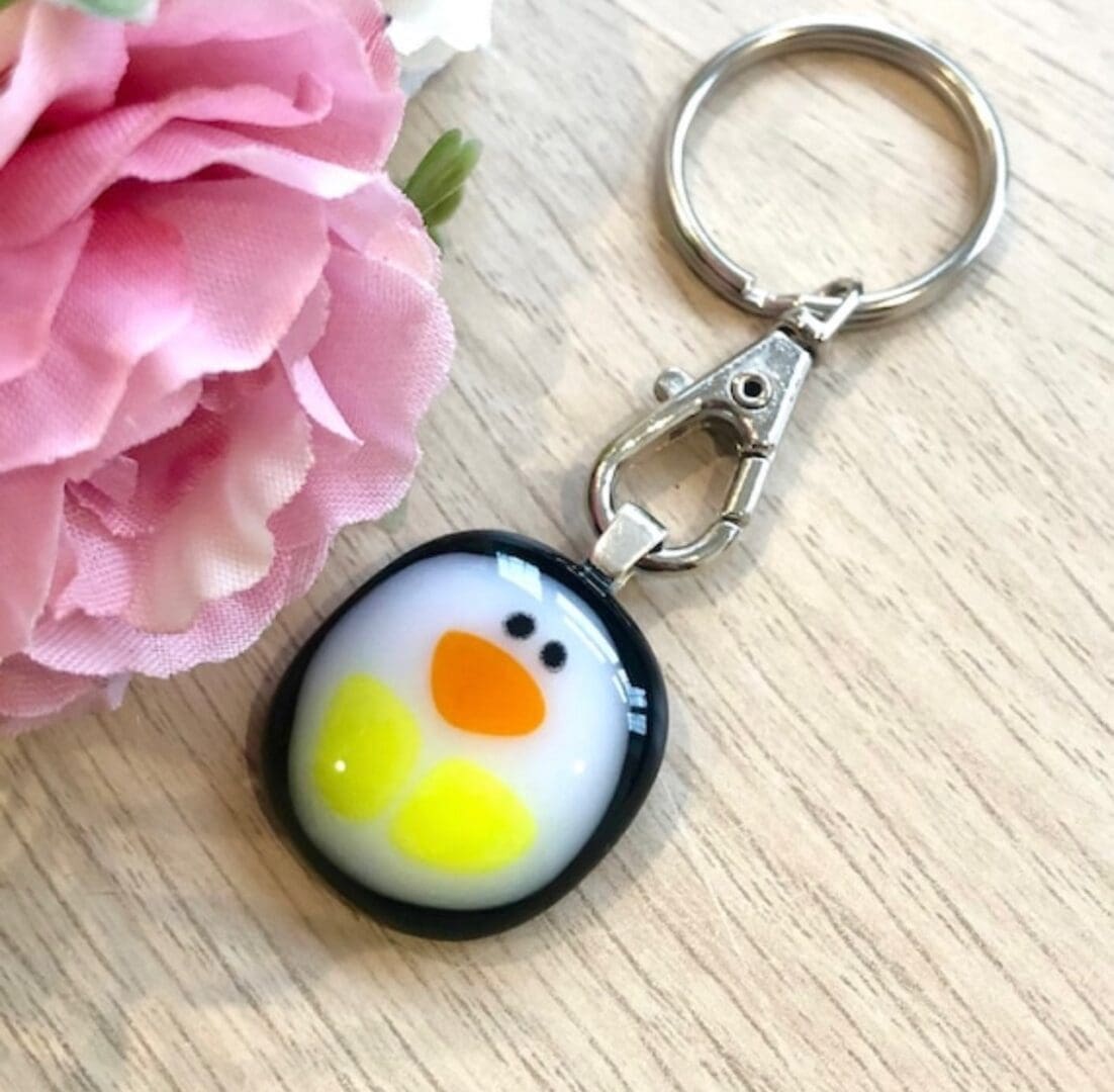 Cute handmade fused glass penguin keyring