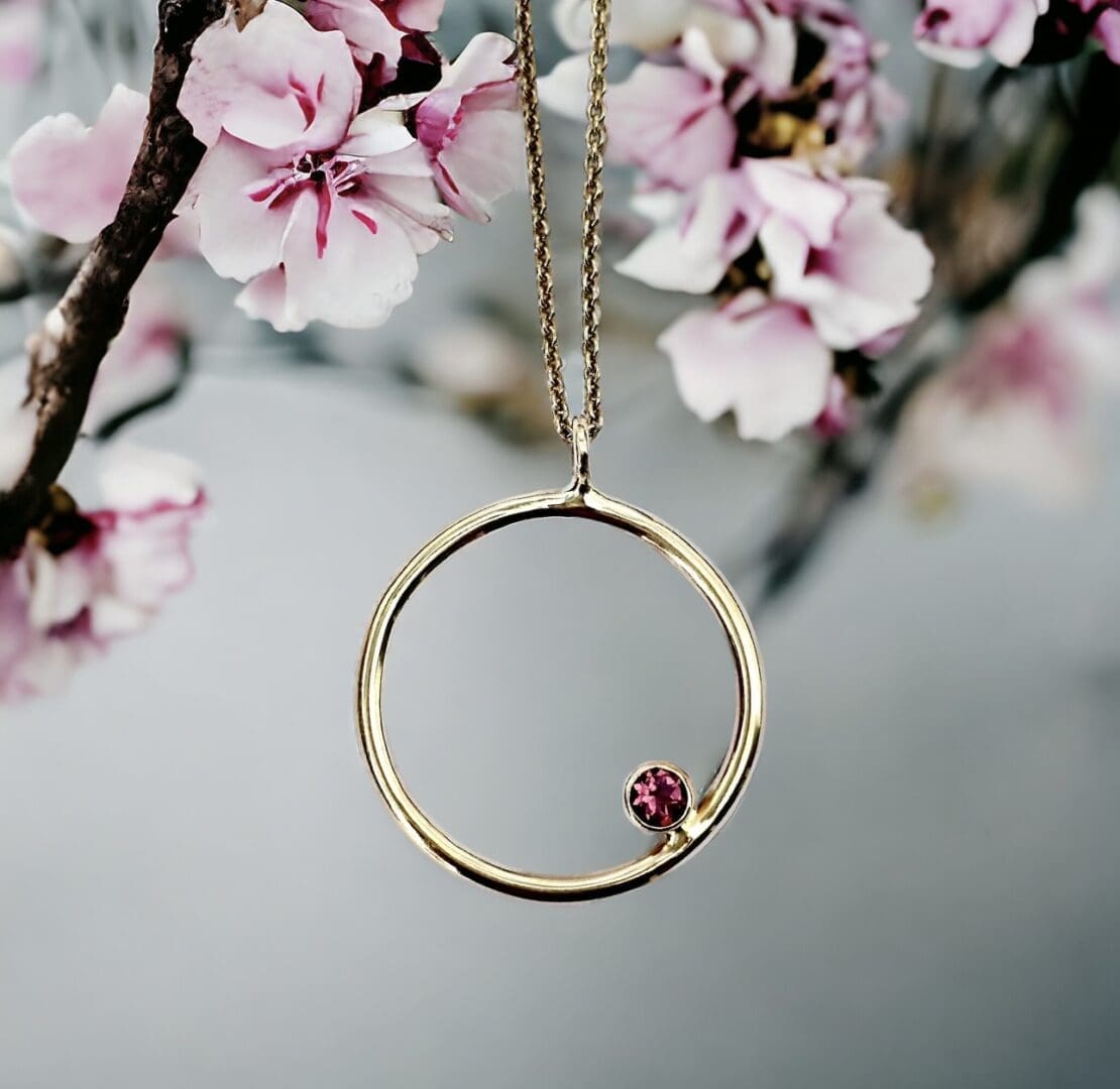 Pink Tourmaline set in 9ct Gold Hoop Pendant