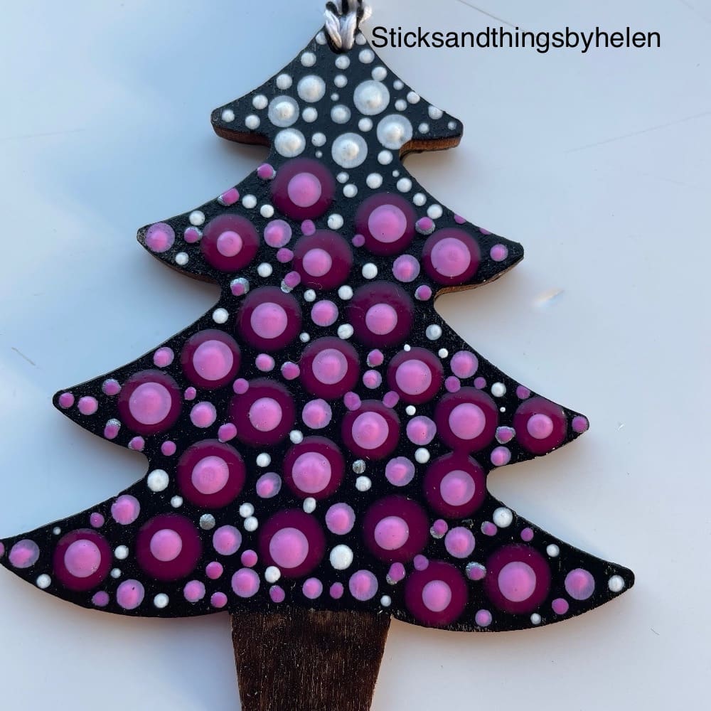 Pink and White Wooden Christmas Tree Hanging Decoration, Hand Painted