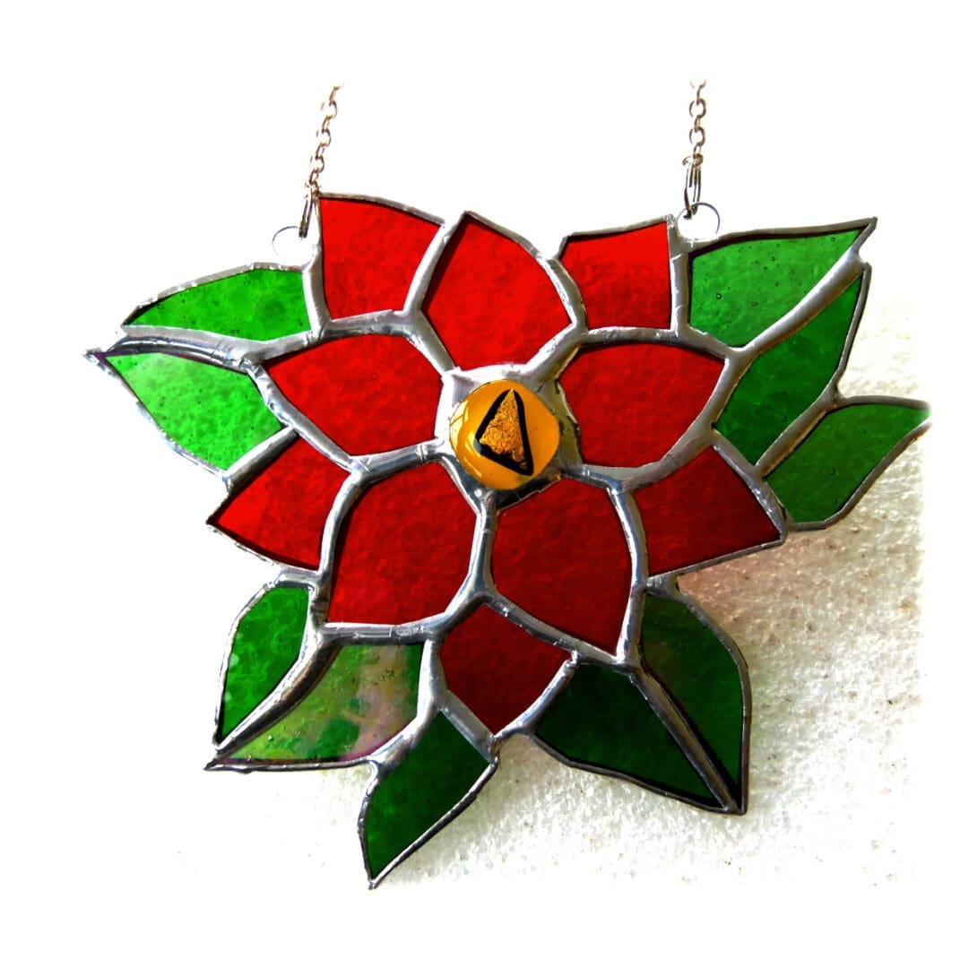 Poinsettia christmas flower stained glass suncatcher red xmas gift