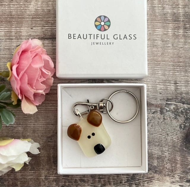 Cute handmade fused glass puppy dog keyring