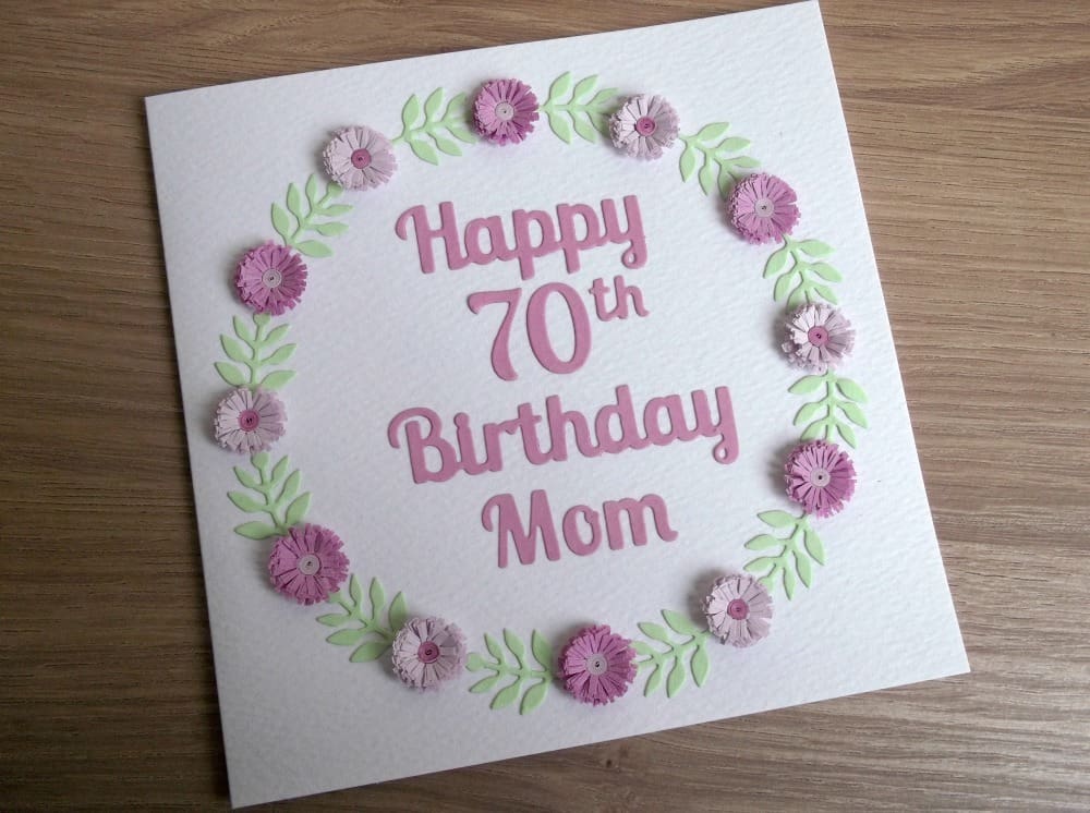 Handmade 70th birthday card with lilac quilled flowers