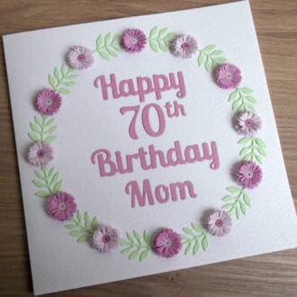 Handmade 70th birthday card with lilac quilled flowers