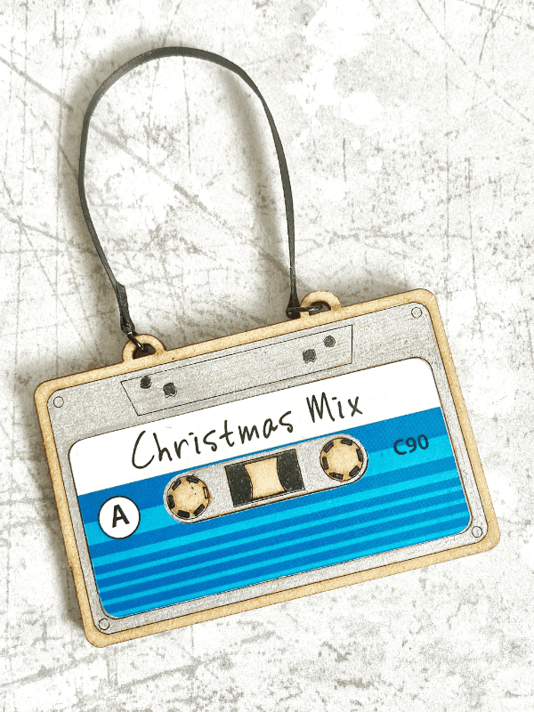 Cassette tape decoration with a blue label and Christmas Mix text