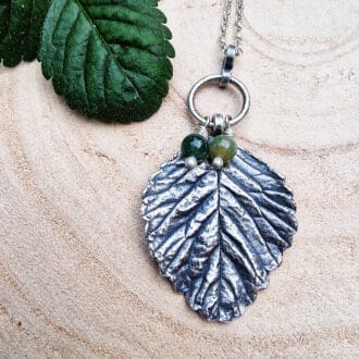 silver leaf pendant with moss agate beads