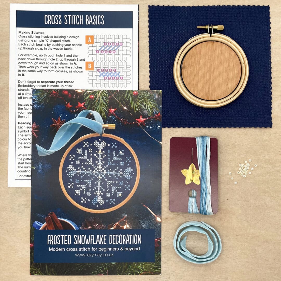 contents of Snowflake Cross Stitch Kit