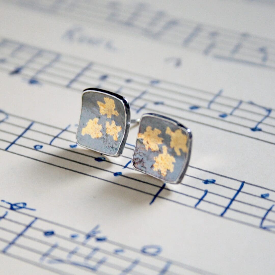 Square stud earrings, keum boo earrings with little gold leaves