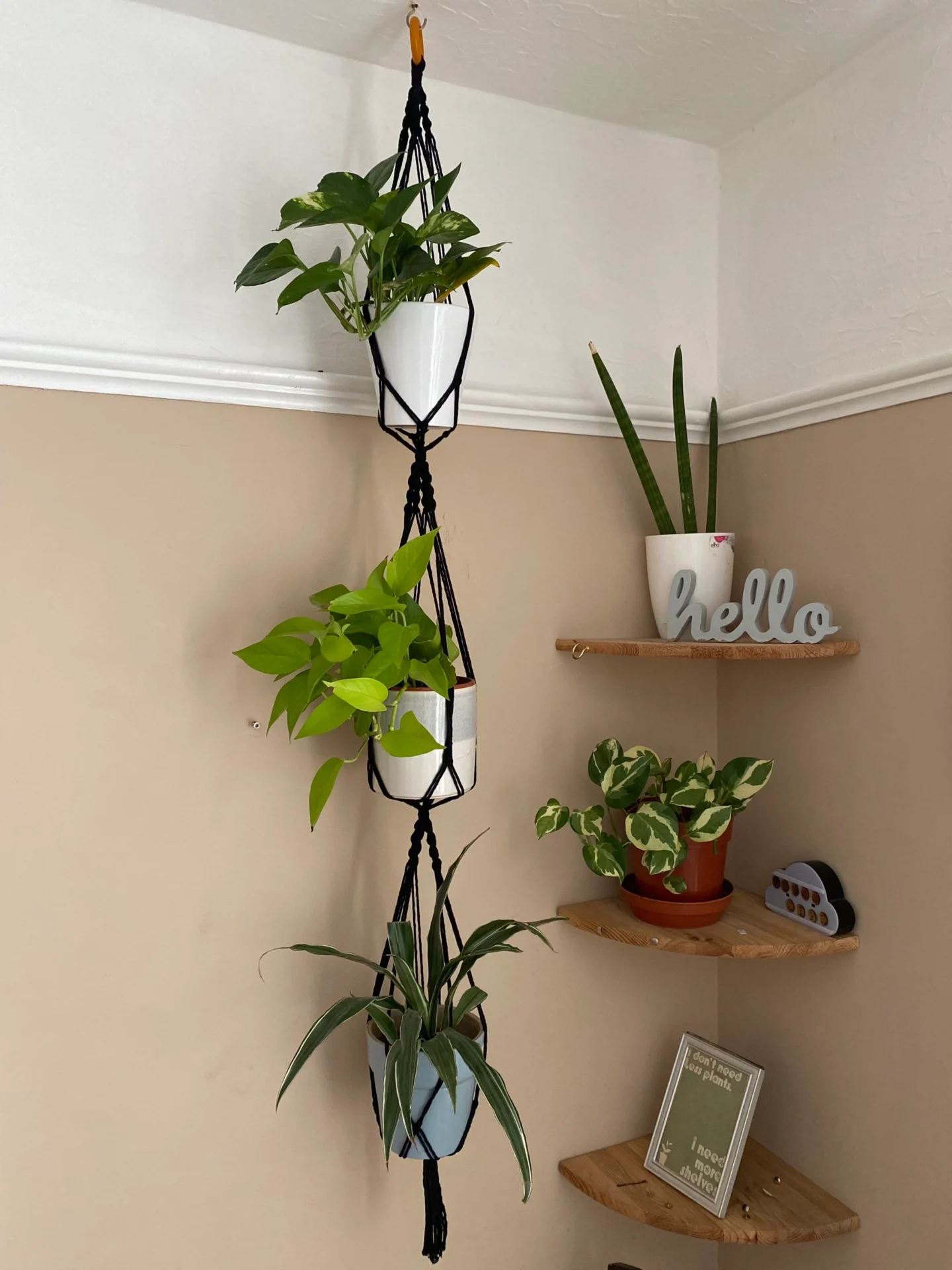 Large, triple macrame plant hanger made with recycled cotton