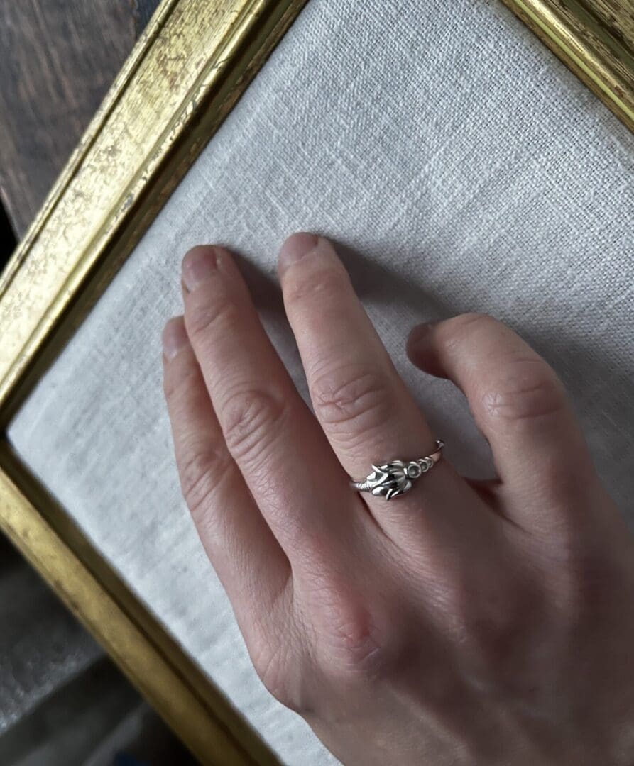 a hand is wearing a delicate silver ring