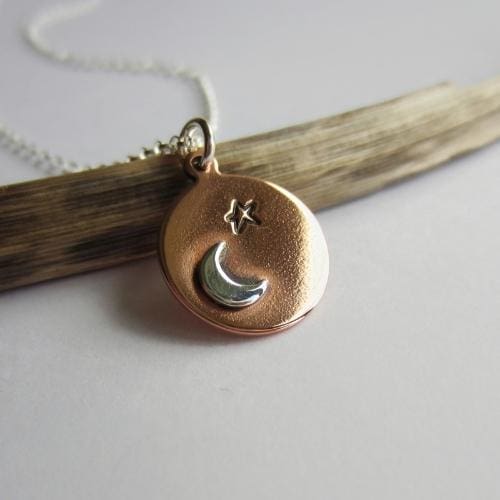 Bohemian style copper and sterling silver star and crescent moon celestial necklace, hand crafted by The Tiny Tree Frog Jewellery