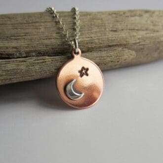 Boho, hand stamped star and crescent moon copper and sterling silver necklace, handmade by The Tiny Tree Frog Jewellery