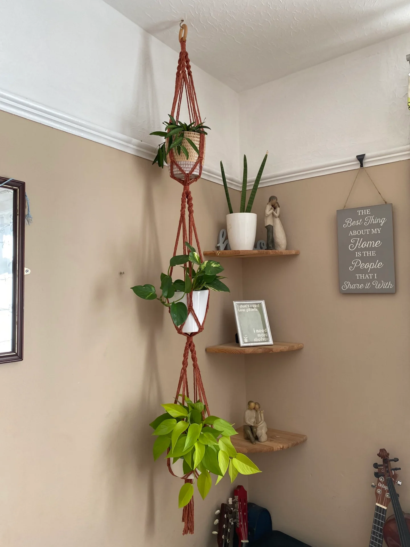 Large, triple macrame plant hanger made with recycled cotton