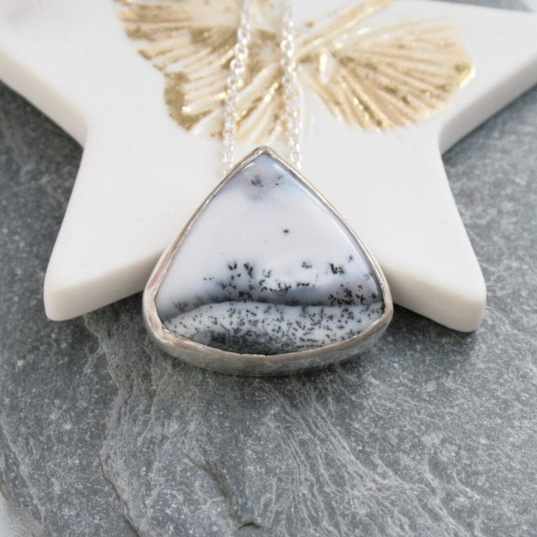 Triangular dendritic opal gemstone set in recycled sterling silver