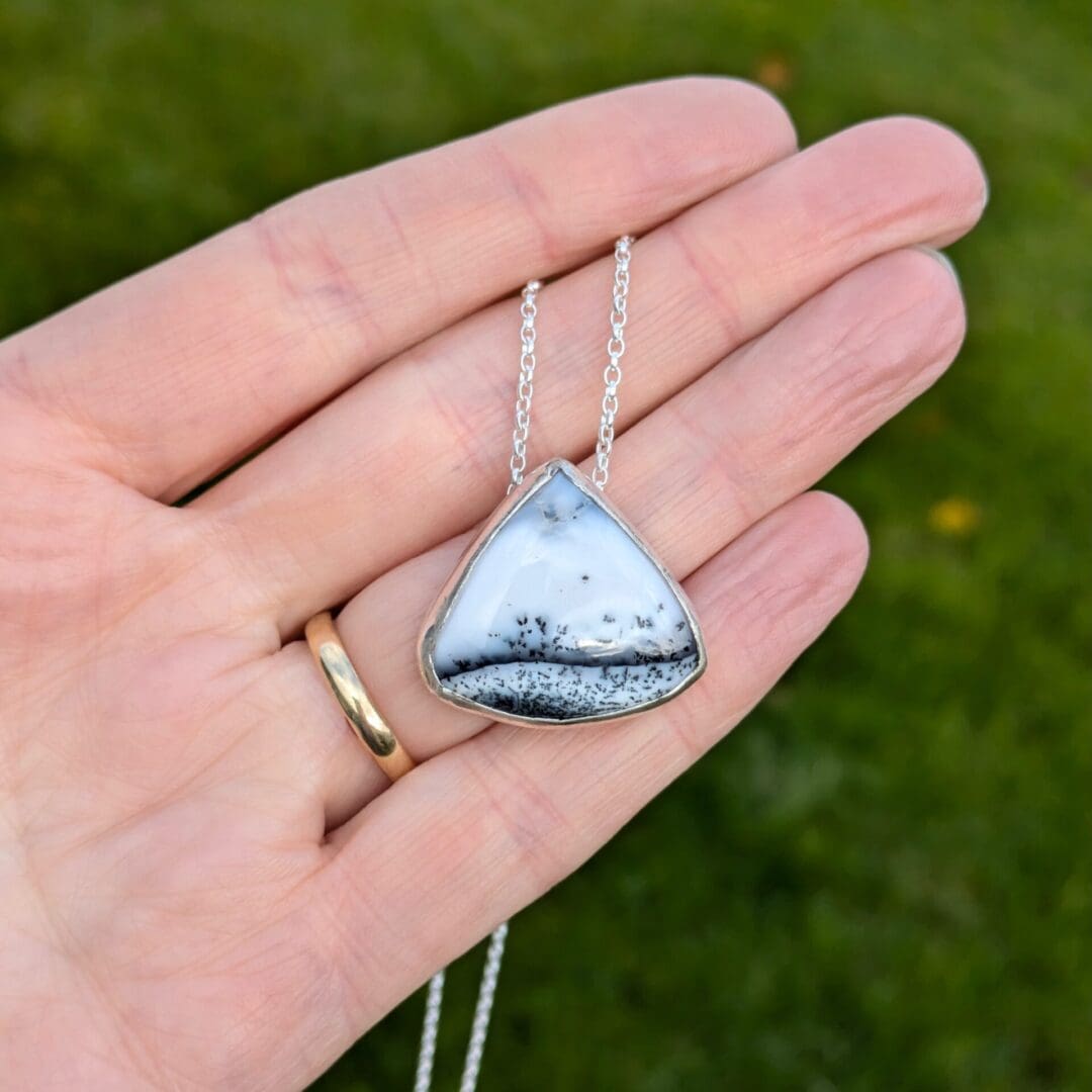 Triangular dendritic opal gemstone set in recycled sterling silver