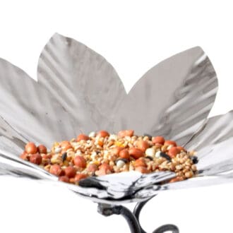 Flower feeder in marine grade stainless steel, the depth of the flower allows for a dish to placed within to make a unique bird bath. Can be placed on the nut at the end of the branch and so removed for easy cleaning