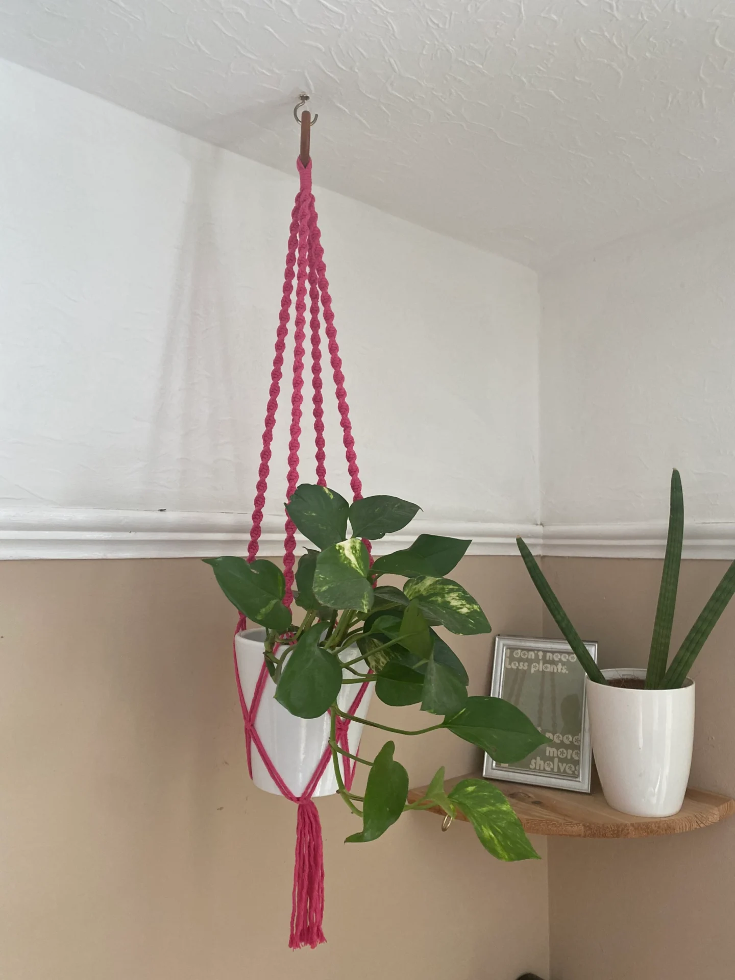 Twisted macrame plant hanger made with fuchsia pink recycled cotton