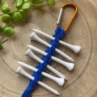 Golf tee holder, handmade with recycled yarn on a carabiner clip