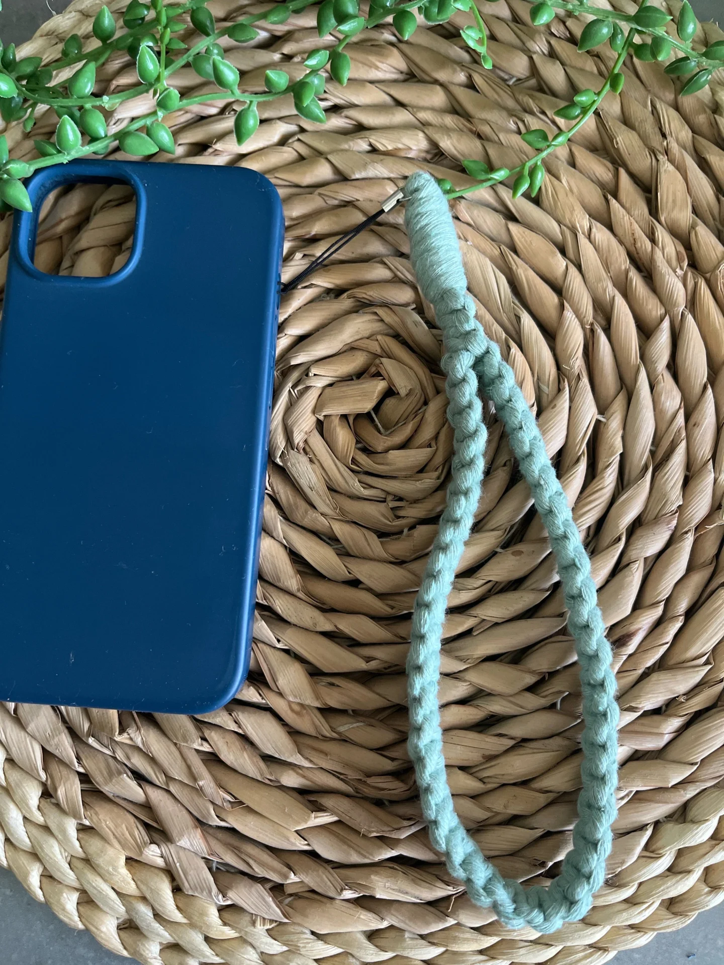 Macrame wristlet phone charm made with recycled cotton