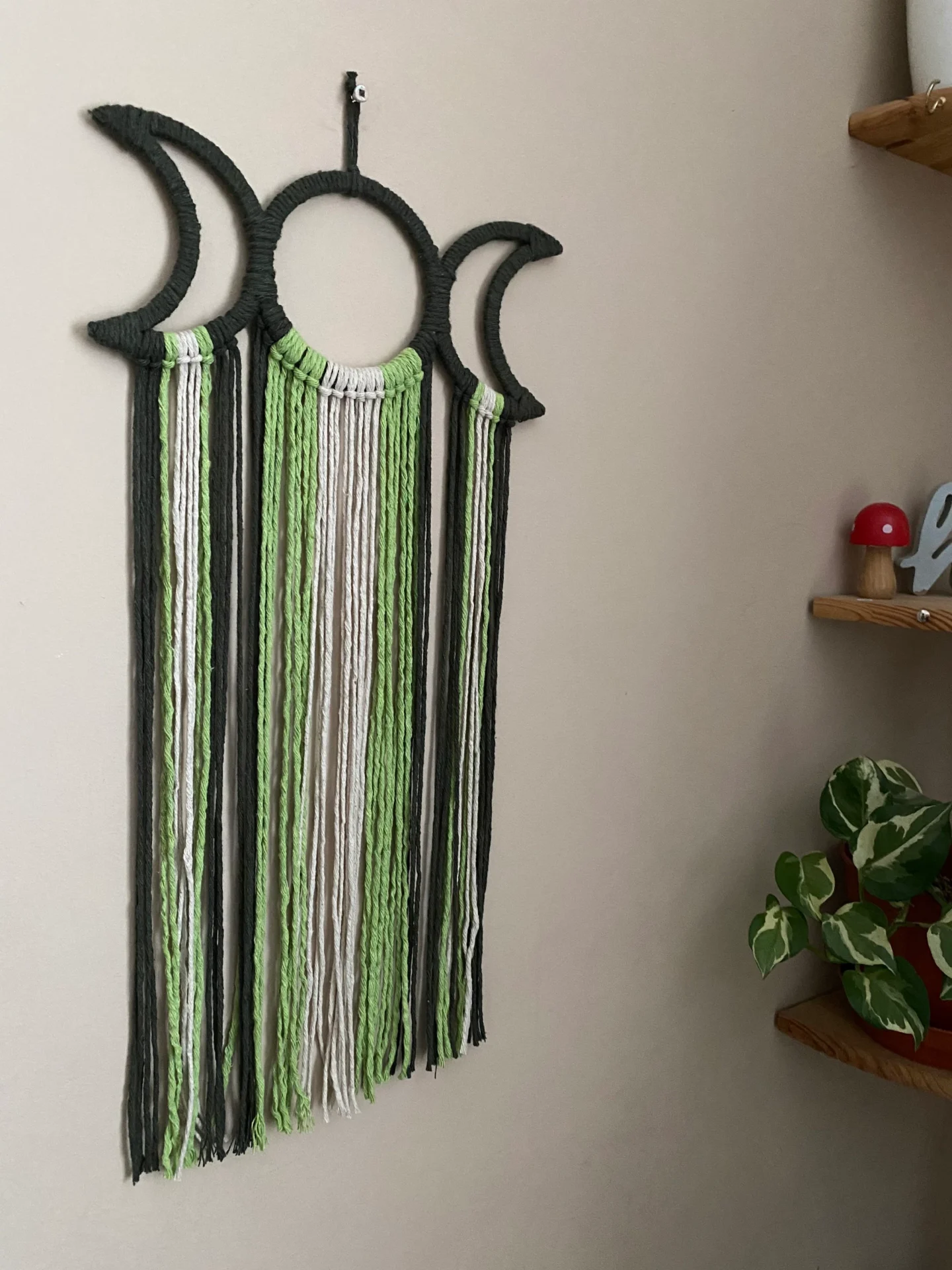 Macrame triple goddess moon wall hanging made with recycled cotton