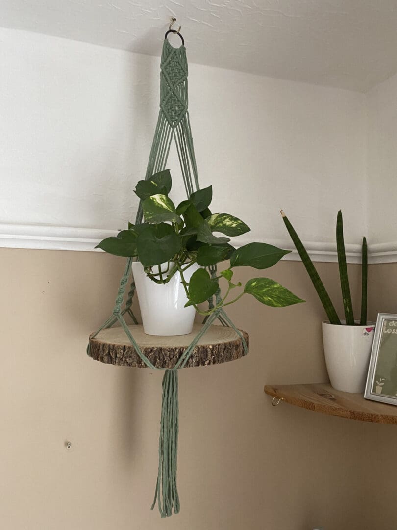 Macrame hanging shelf made with natural wood slice and recycled cotton yarn